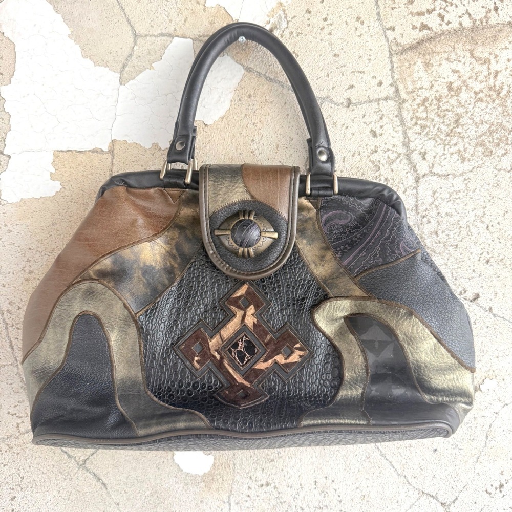 Vintage NAS Bag Patchwork Satchel Handbag‎ Mixed Media Metallic Western 90s Boho